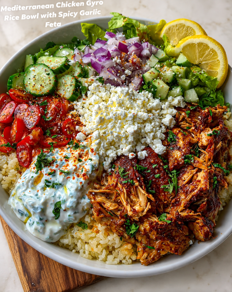 Mediterranean Chicken Gyro Rice Bowl with Spicy Garlic Feta Recipe ...