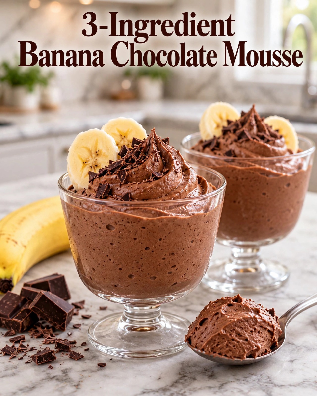 Banana Chocolate Mousse with ripe bananas, cocoa powder, Greek yogurt, and a smooth creamy chocolate texture