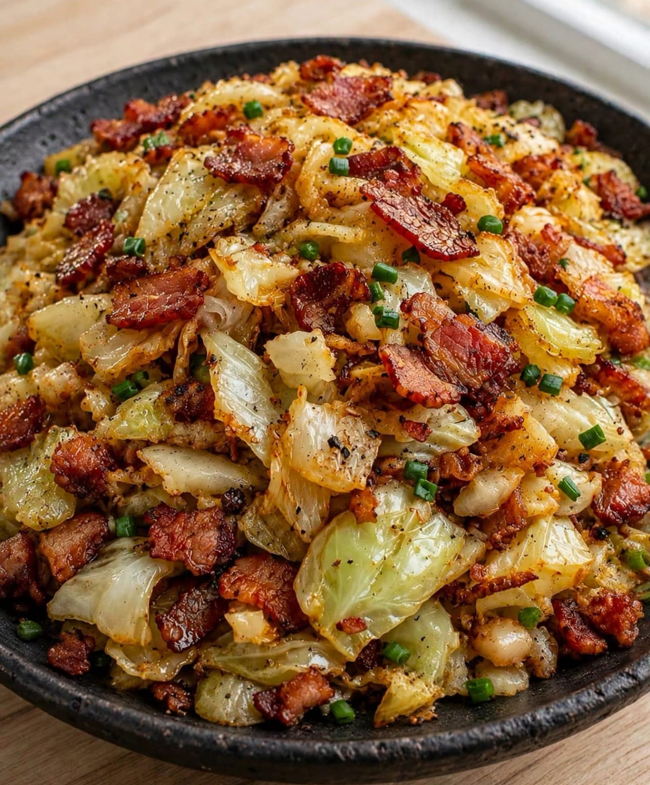 Bacon Fried Cabbage with crispy bacon, tender cabbage, onion, garlic, butter, and savory seasonings