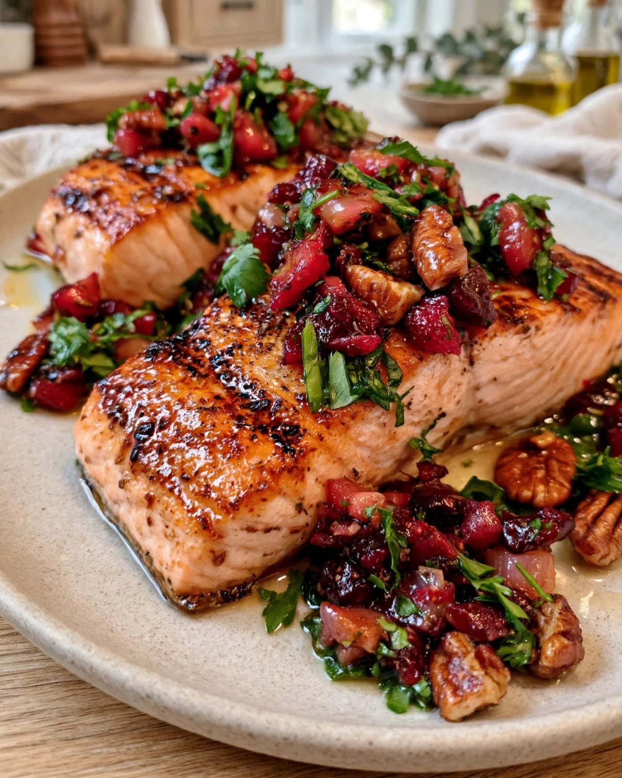 Cranberry Salmon with fresh cranberry salsa, toasted pecans, orange zest, herbs, and tender baked salmon