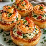 Shrimp Alfredo Cups with creamy Alfredo sauce, Parmesan, mozzarella, tender shrimp, and crisp golden pastry shells