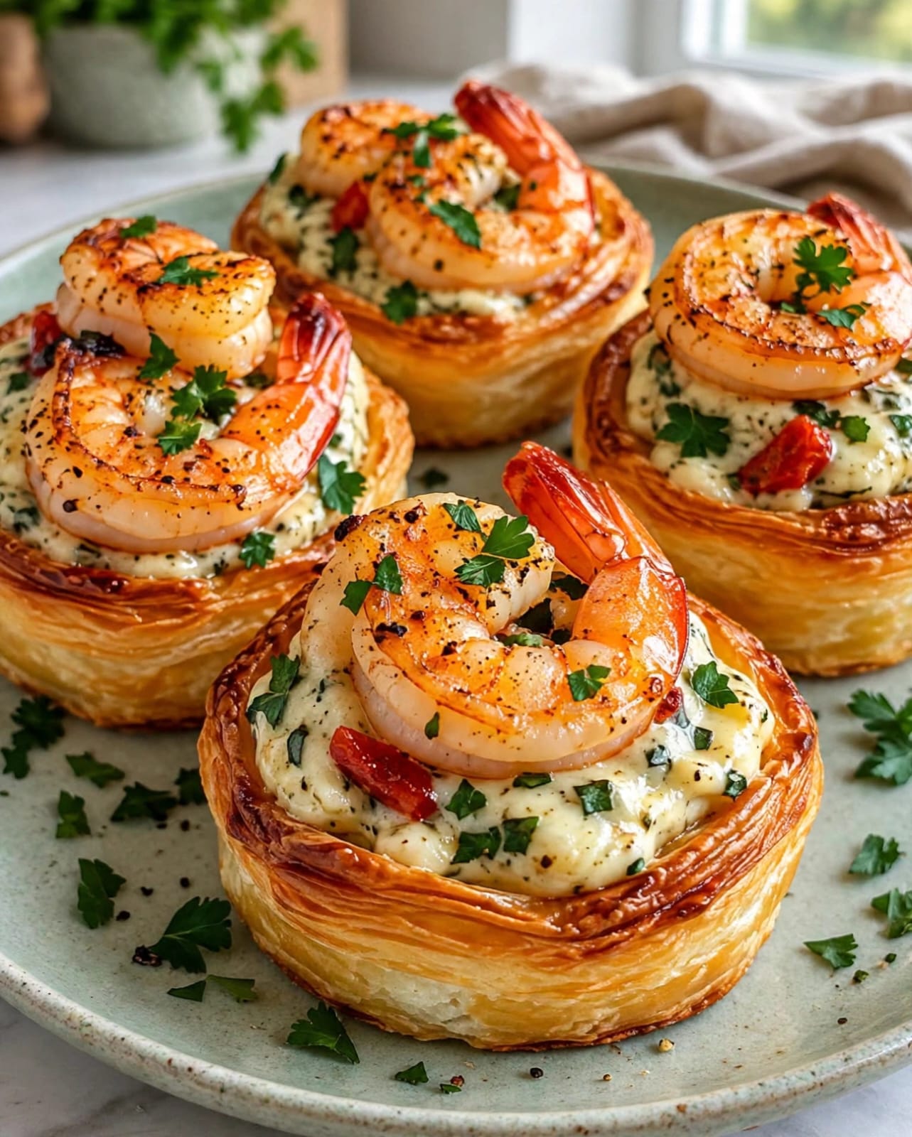Shrimp Alfredo Cups with creamy Alfredo sauce, Parmesan, mozzarella, tender shrimp, and crisp golden pastry shells