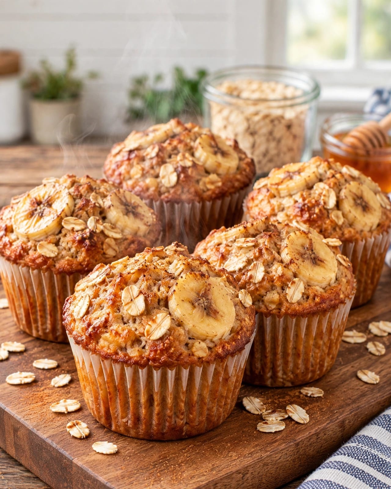 Banana Oat Muffins with ripe bananas, rolled oats, soft golden tops, and a moist homemade breakfast texture