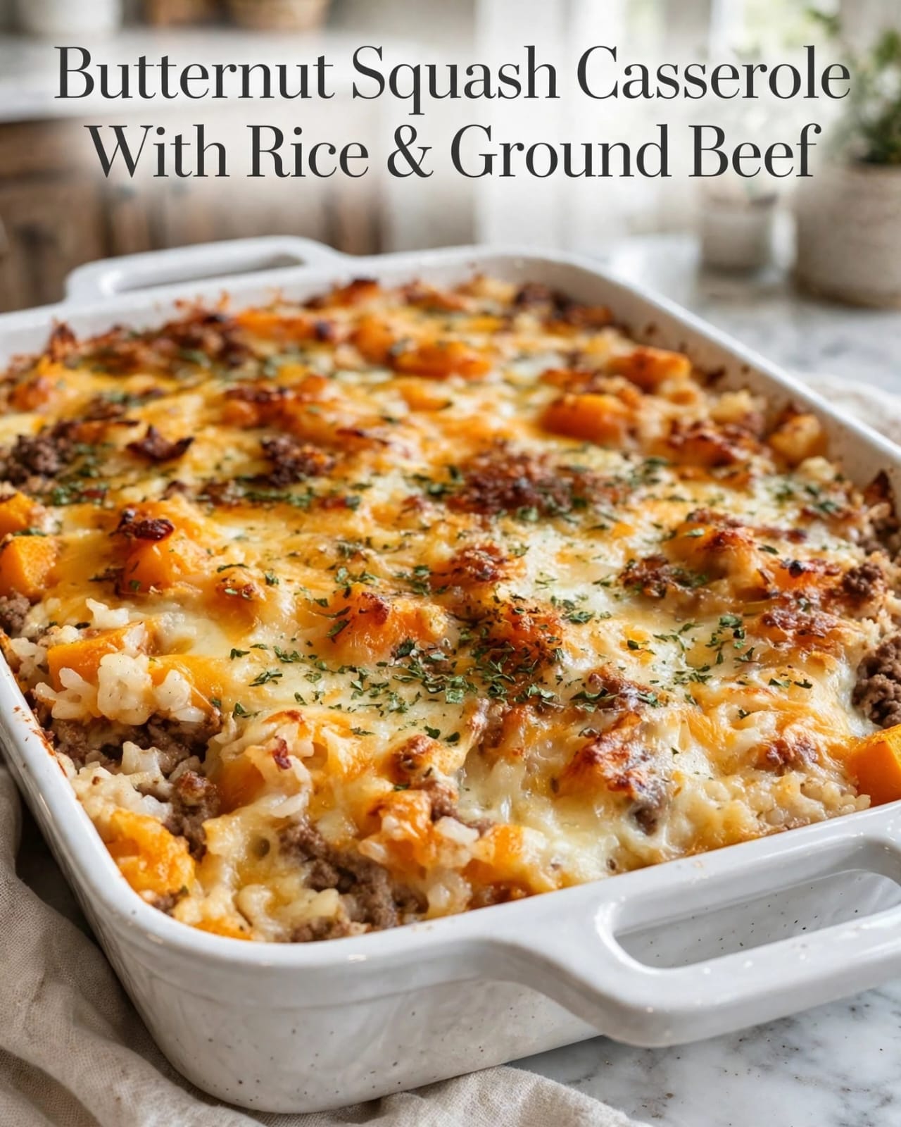 Butternut Beef Casserole with ground beef, butternut squash, rice, tomatoes, herbs, and melted cheese