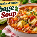 Cabbage Roll Soup with tender ground beef, cabbage, tomatoes, rice, garlic, herbs, and rich savory broth