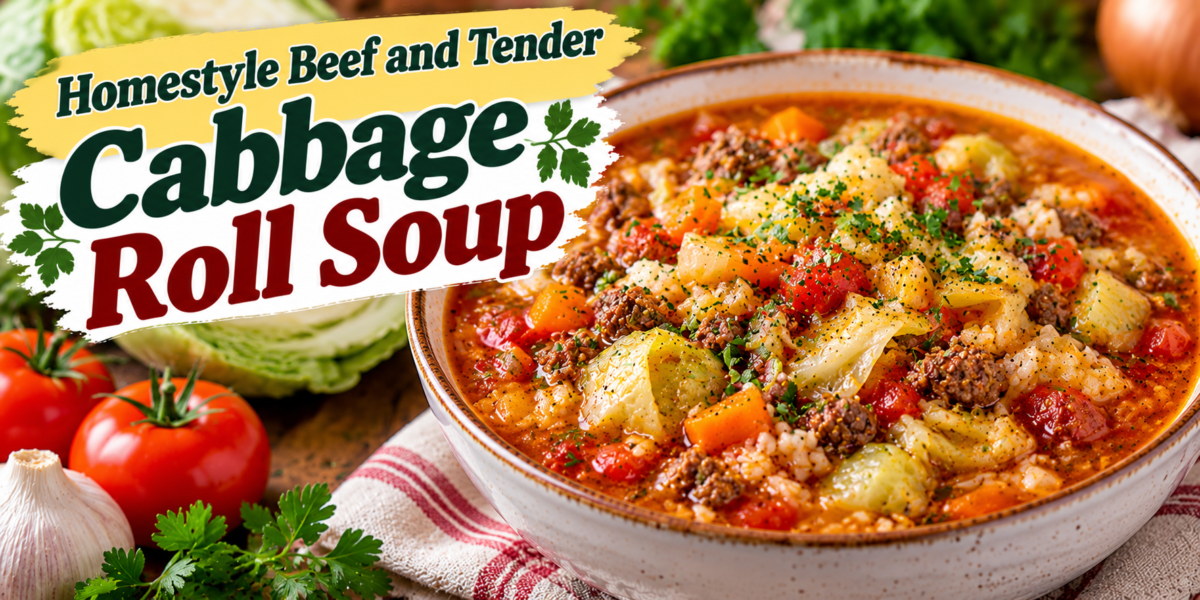 Cabbage Roll Soup with tender ground beef, cabbage, tomatoes, rice, garlic, herbs, and rich savory broth