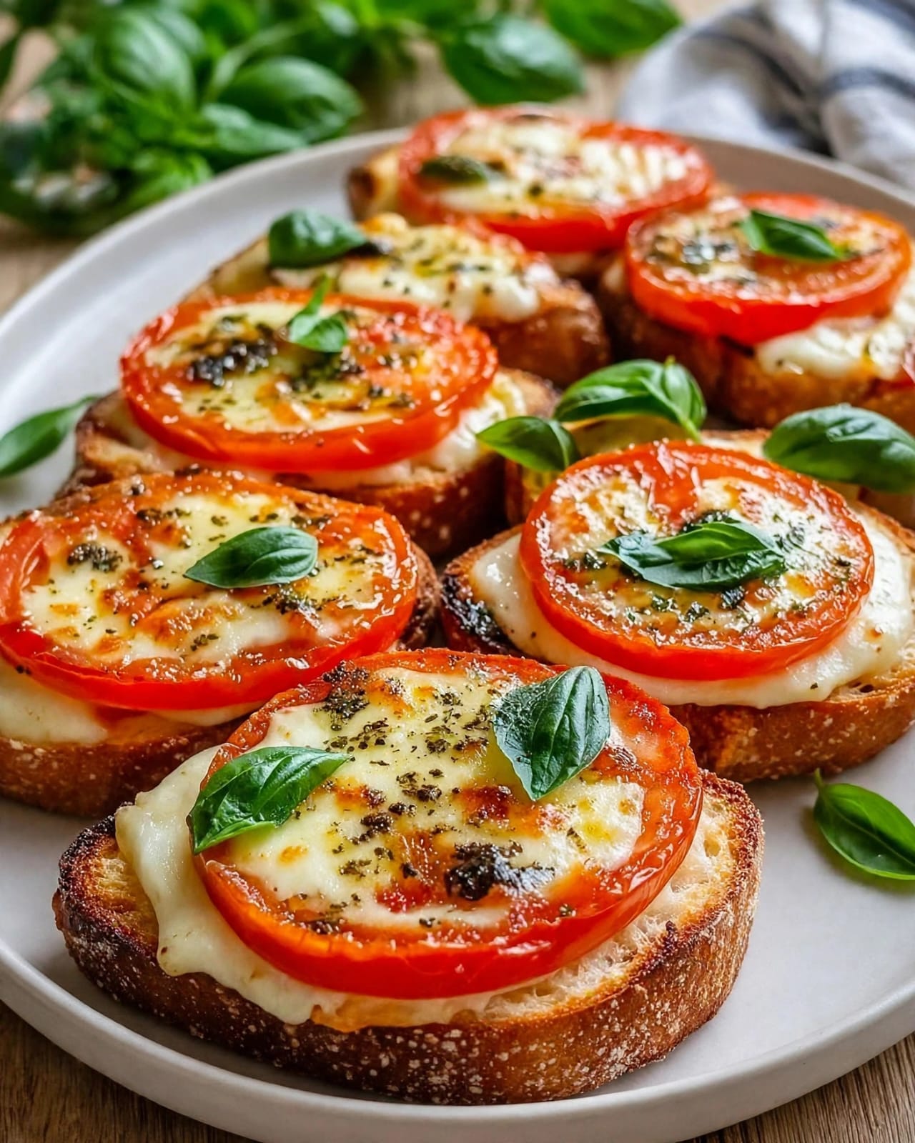 Caprese Garlic Toasts with fresh tomatoes, mozzarella, basil, garlic bread, and balsamic glaze