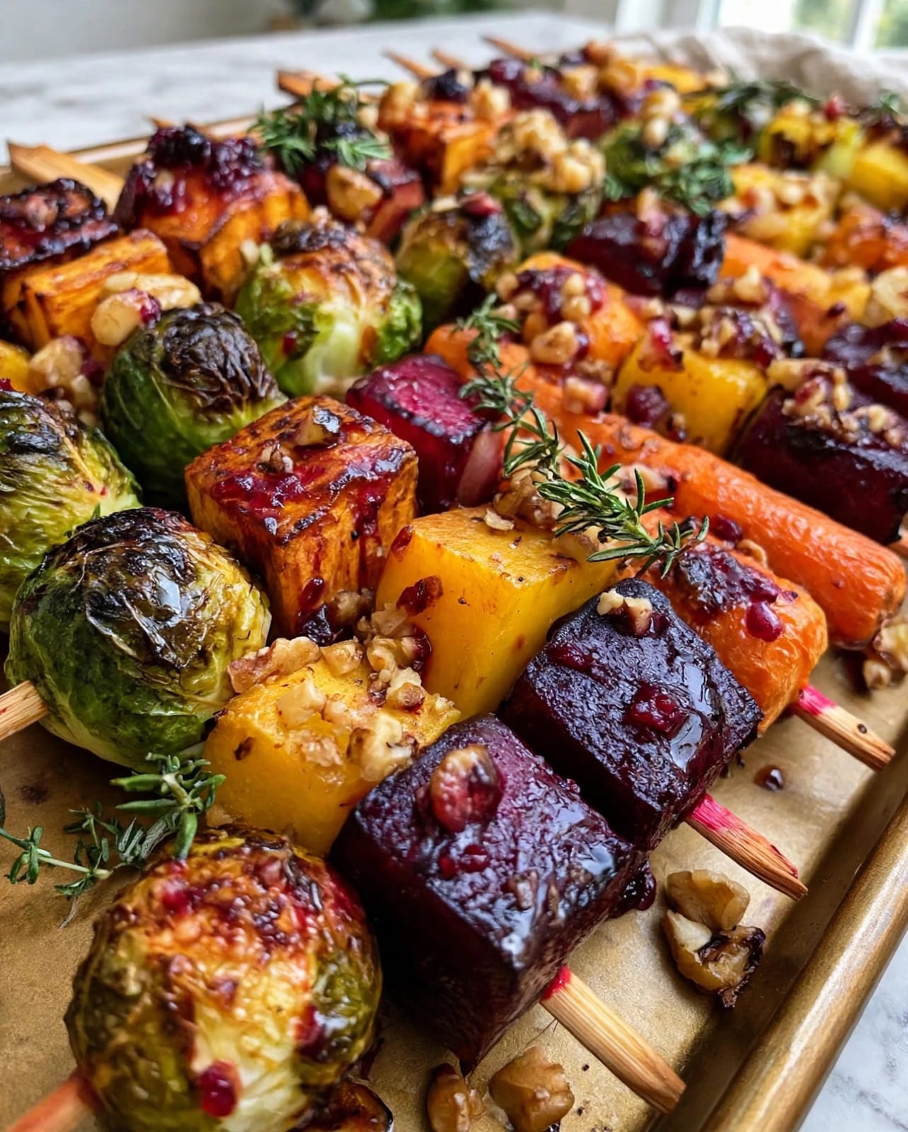 Vegetable Skewers with Brussels sprouts, sweet potato, butternut squash, carrots, beets, walnuts, and cranberry-honey glaze