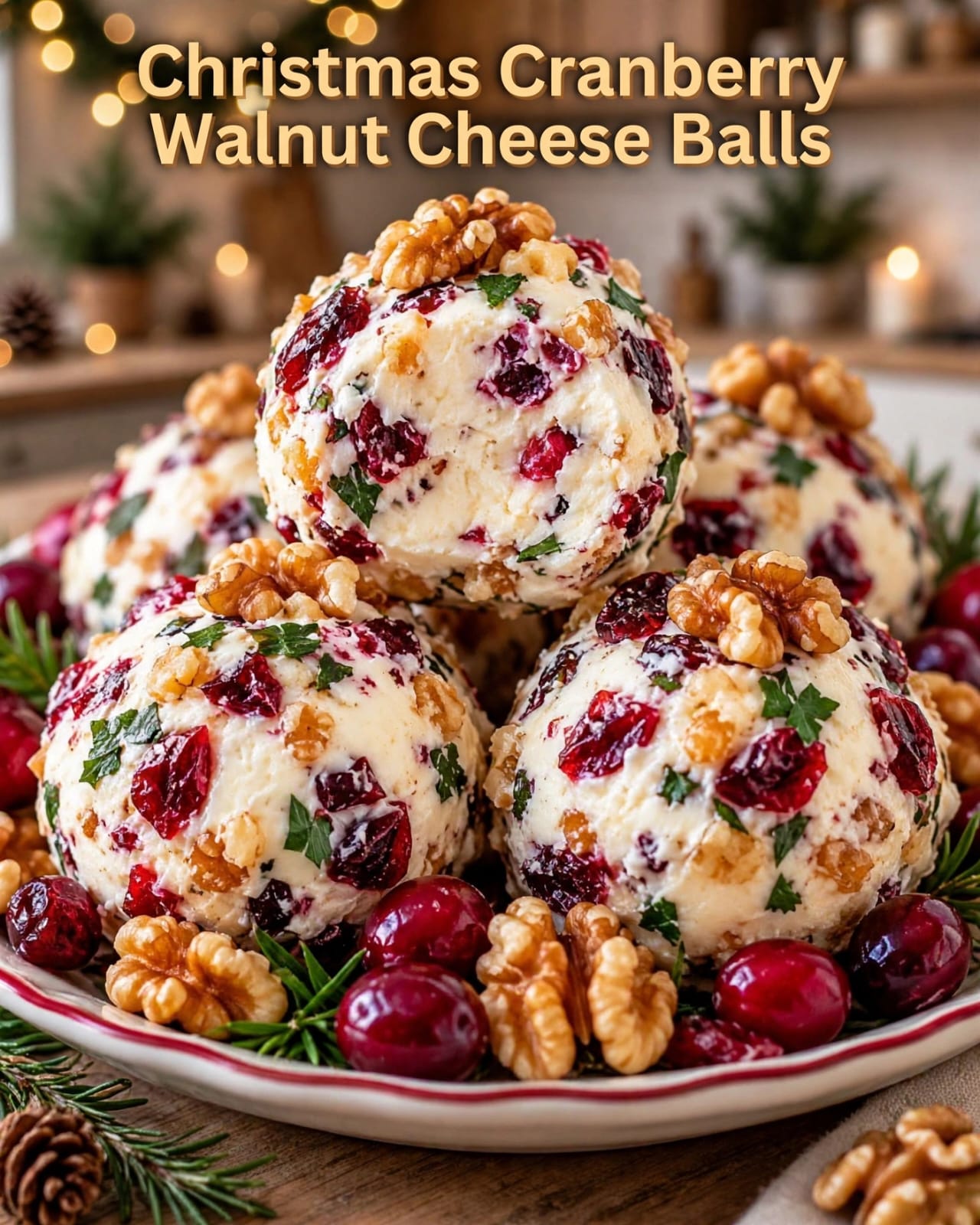 Cranberry Walnut Cheese Balls with cream cheese, cheddar, dried cranberries, toasted walnuts, and fresh herbs