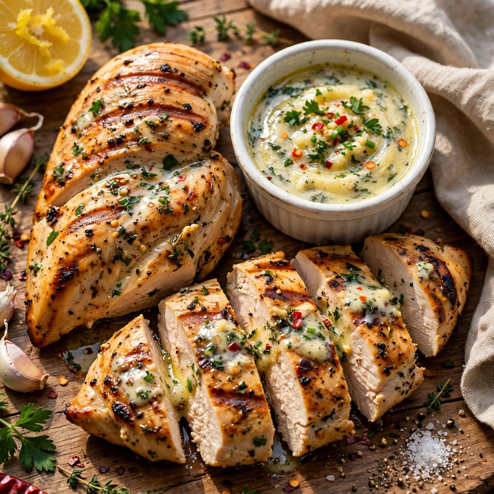 Cowboy Butter Chicken with tender chicken, garlic butter sauce, lemon, Dijon mustard, herbs, and warm spices