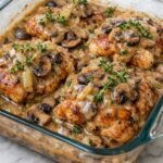 Mushroom Chicken Bake with tender chicken, savory mushrooms, creamy garlic sauce, Parmesan, and melted mozzarella
