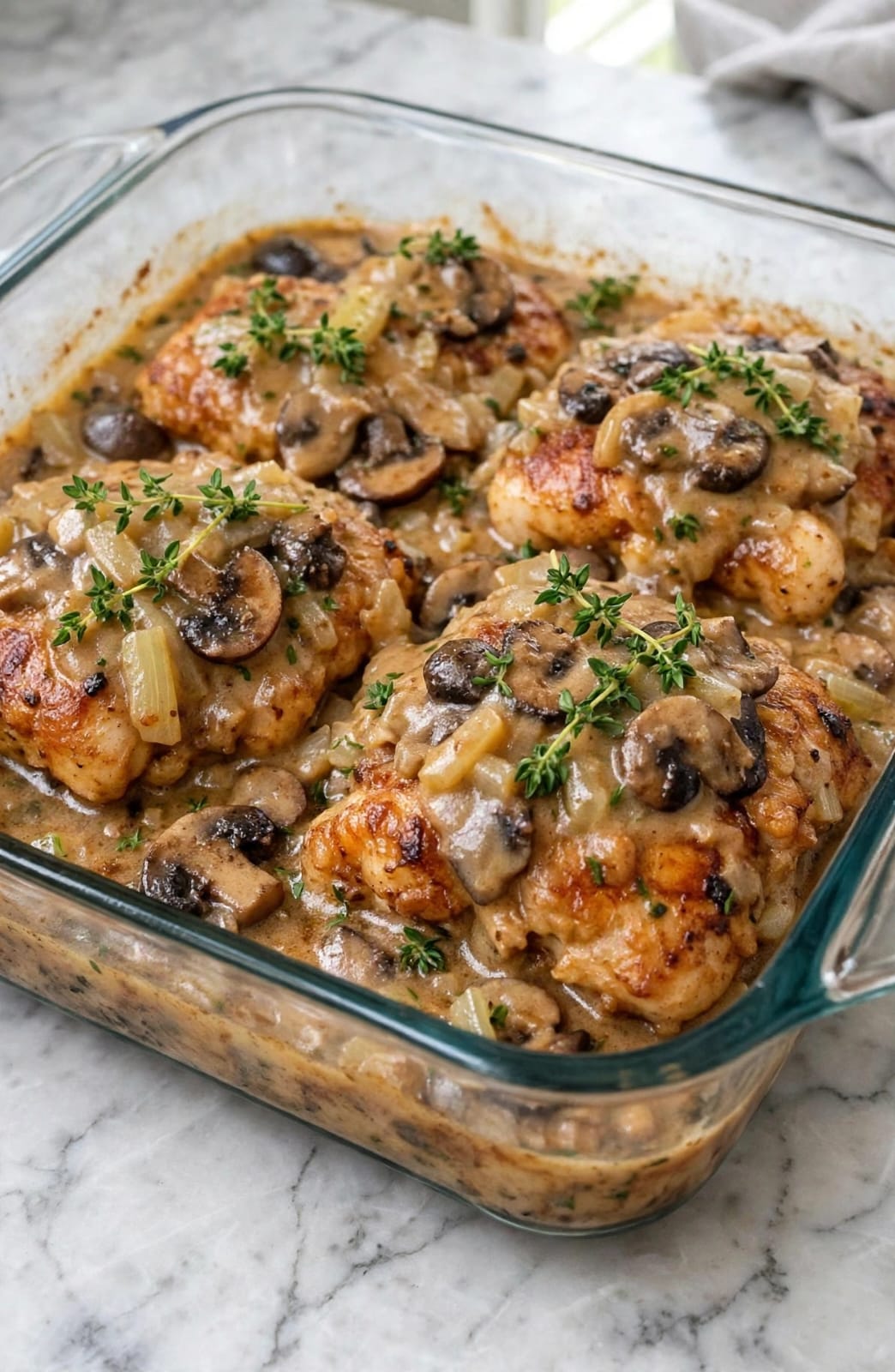 Mushroom Chicken Bake with tender chicken, savory mushrooms, creamy garlic sauce, Parmesan, and melted mozzarella