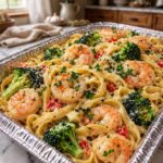 Shrimp Broccoli Pasta Bake with tender shrimp, broccoli, creamy Alfredo sauce, pasta, Parmesan, and melted mozzarella