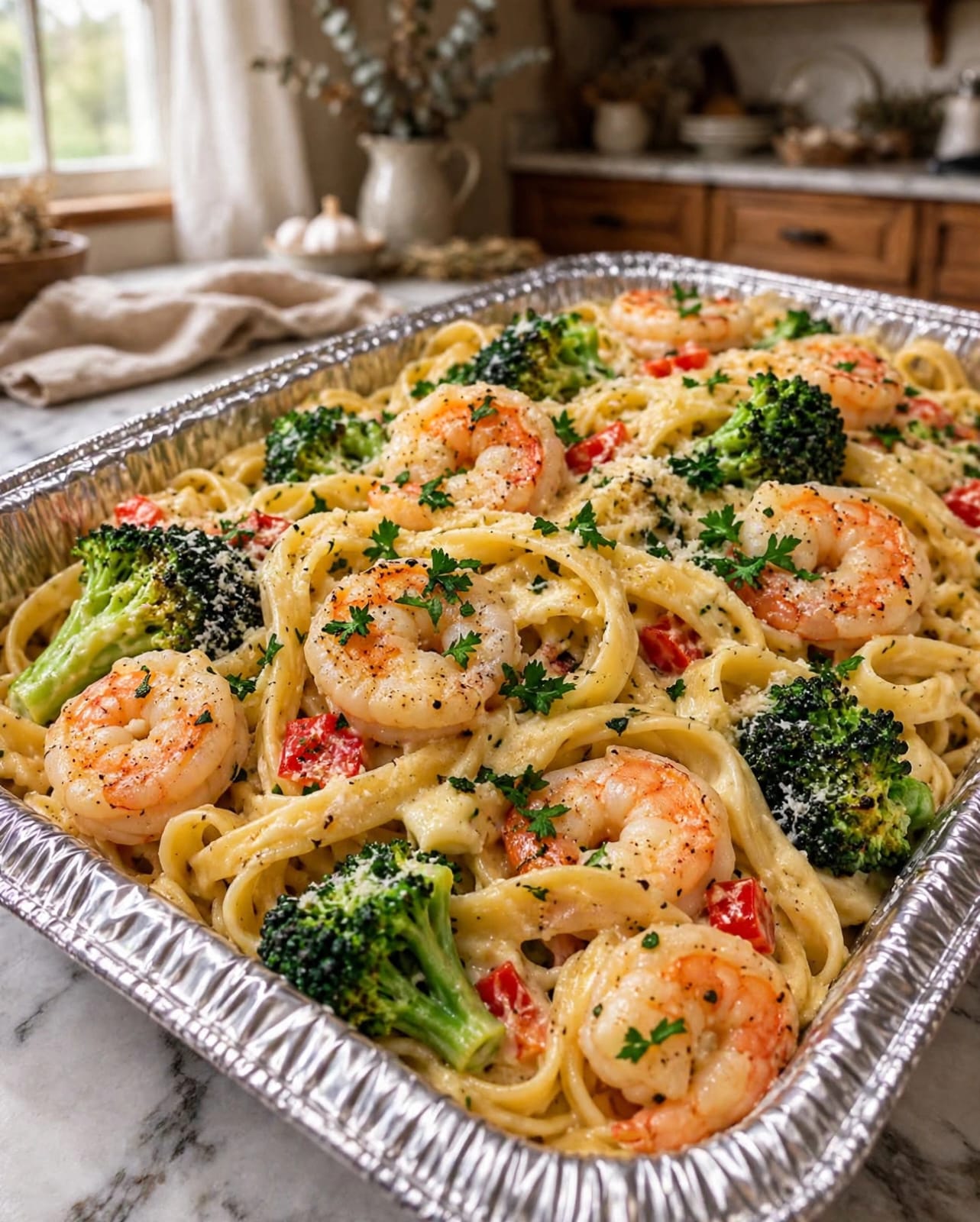 Shrimp Broccoli Pasta Bake with tender shrimp, broccoli, creamy Alfredo sauce, pasta, Parmesan, and melted mozzarella