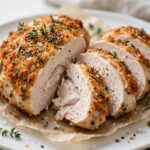 Air Fryer Chicken Breast with crispy panko coating, Parmesan, herbs, lemon, and a golden juicy center