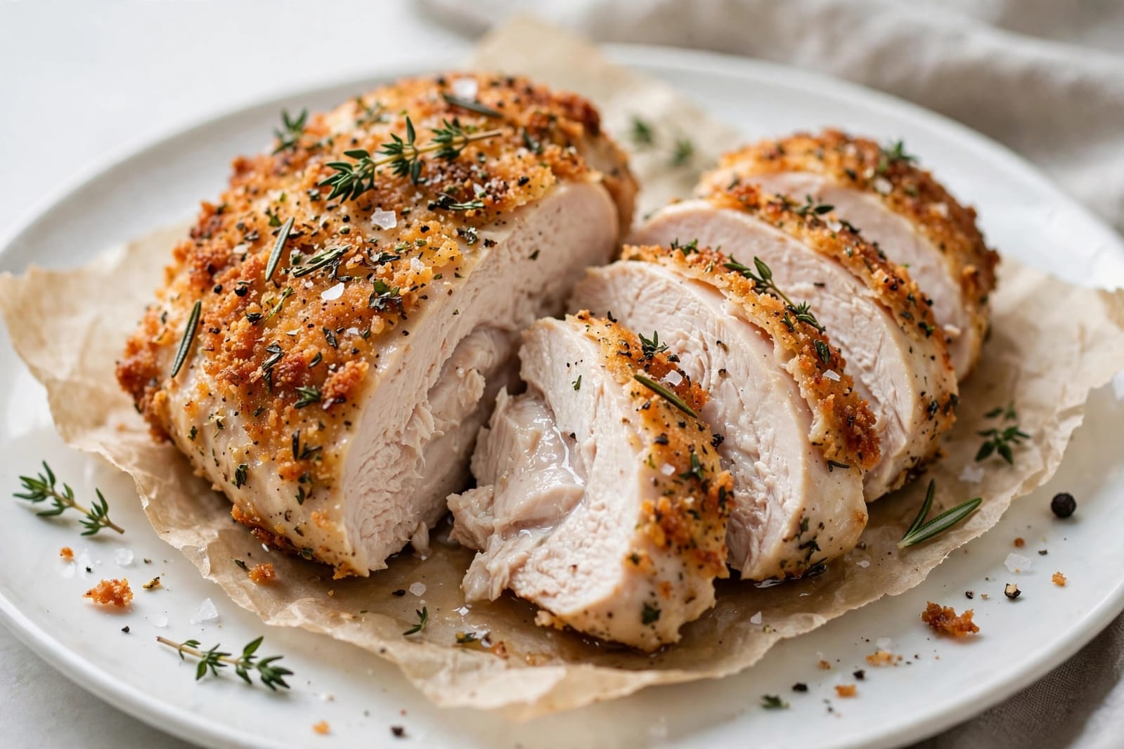 Air Fryer Chicken Breast with crispy panko coating, Parmesan, herbs, lemon, and a golden juicy center
