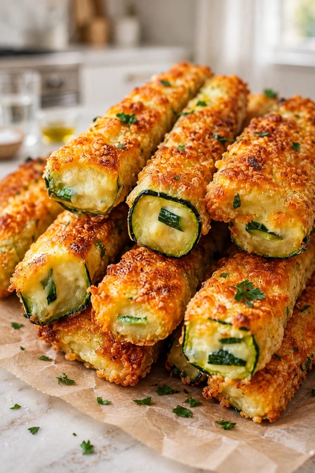 Zucchini Roll-Ups with ricotta, mozzarella, Parmesan, herbs, and marinara sauce