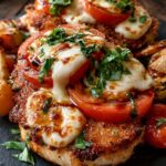 Parmesan Chicken Cutlets with melted mozzarella, fresh tomatoes, basil, and sweet balsamic glaze