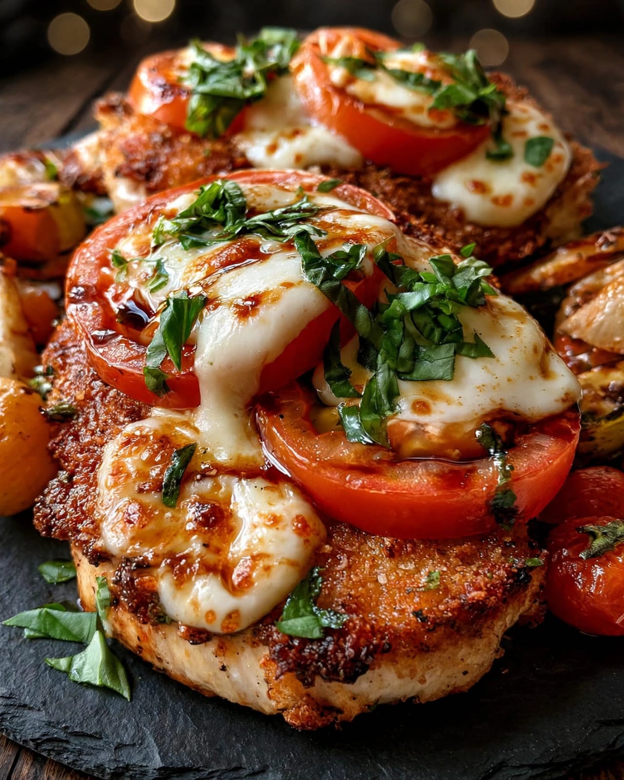 Parmesan Chicken Cutlets with melted mozzarella, fresh tomatoes, basil, and sweet balsamic glaze