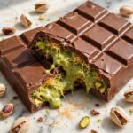 Dubai Chocolate Bar with milk chocolate, creamy pistachio filling, crispy kataifi pastry, tahini, and chopped pistachios