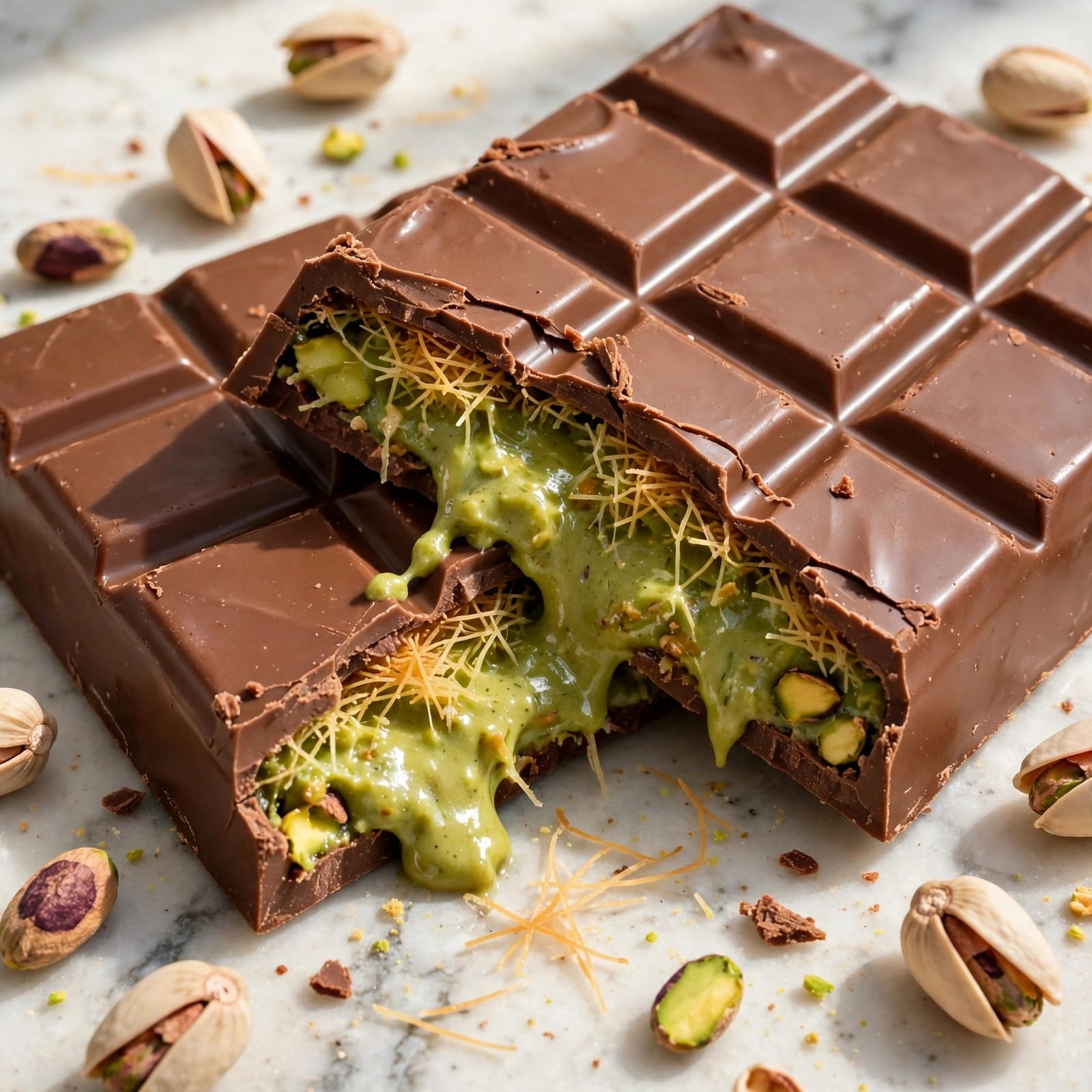 Dubai Chocolate Bar with milk chocolate, creamy pistachio filling, crispy kataifi pastry, tahini, and chopped pistachios