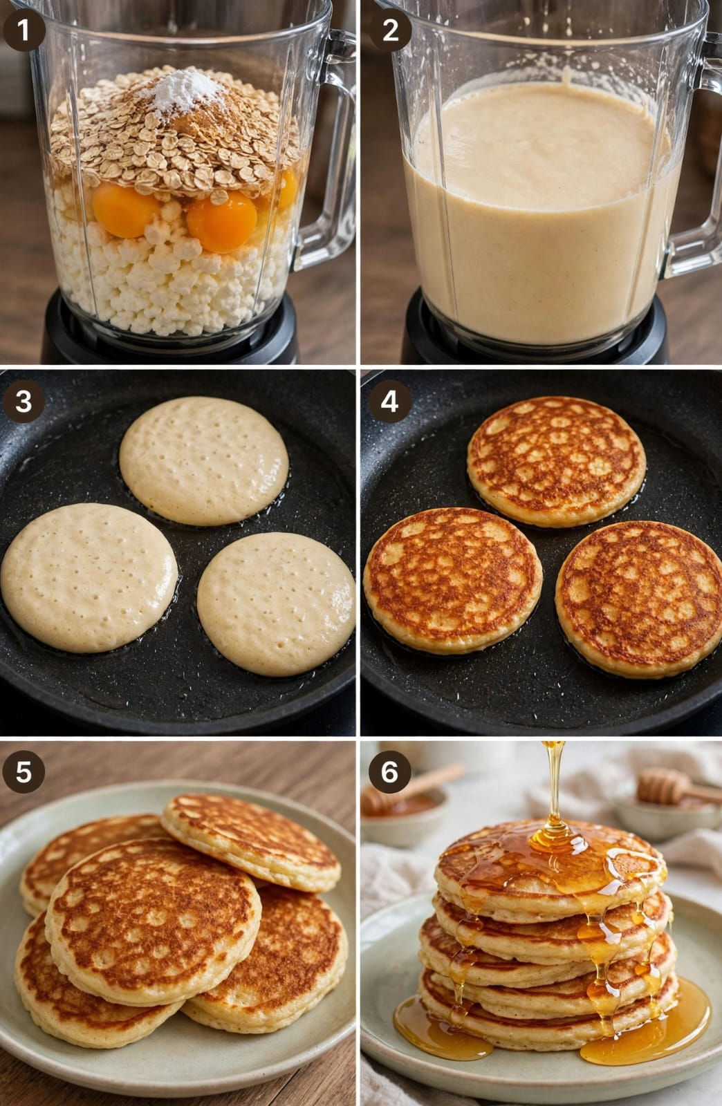 Cottage Cheese Pancakes with oats, fresh berries, maple syrup, and a fluffy golden texture