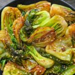 Garlic Bok Choy with fresh bok choy, garlic, sesame oil, soy sauce, sesame seeds, and green onions