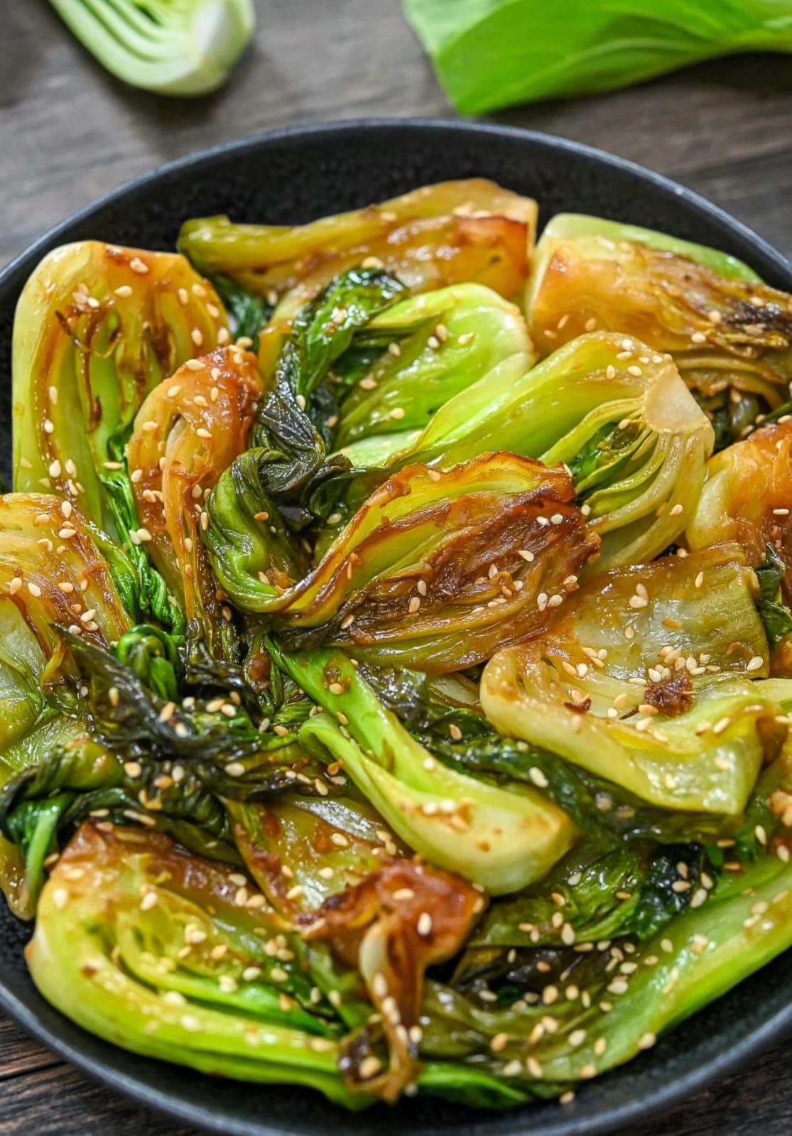 Garlic Bok Choy with fresh bok choy, garlic, sesame oil, soy sauce, sesame seeds, and green onions