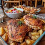 Rosemary Chicken with juicy oven-baked chicken, golden garlic potatoes, fresh rosemary, lemon, and savory herbs