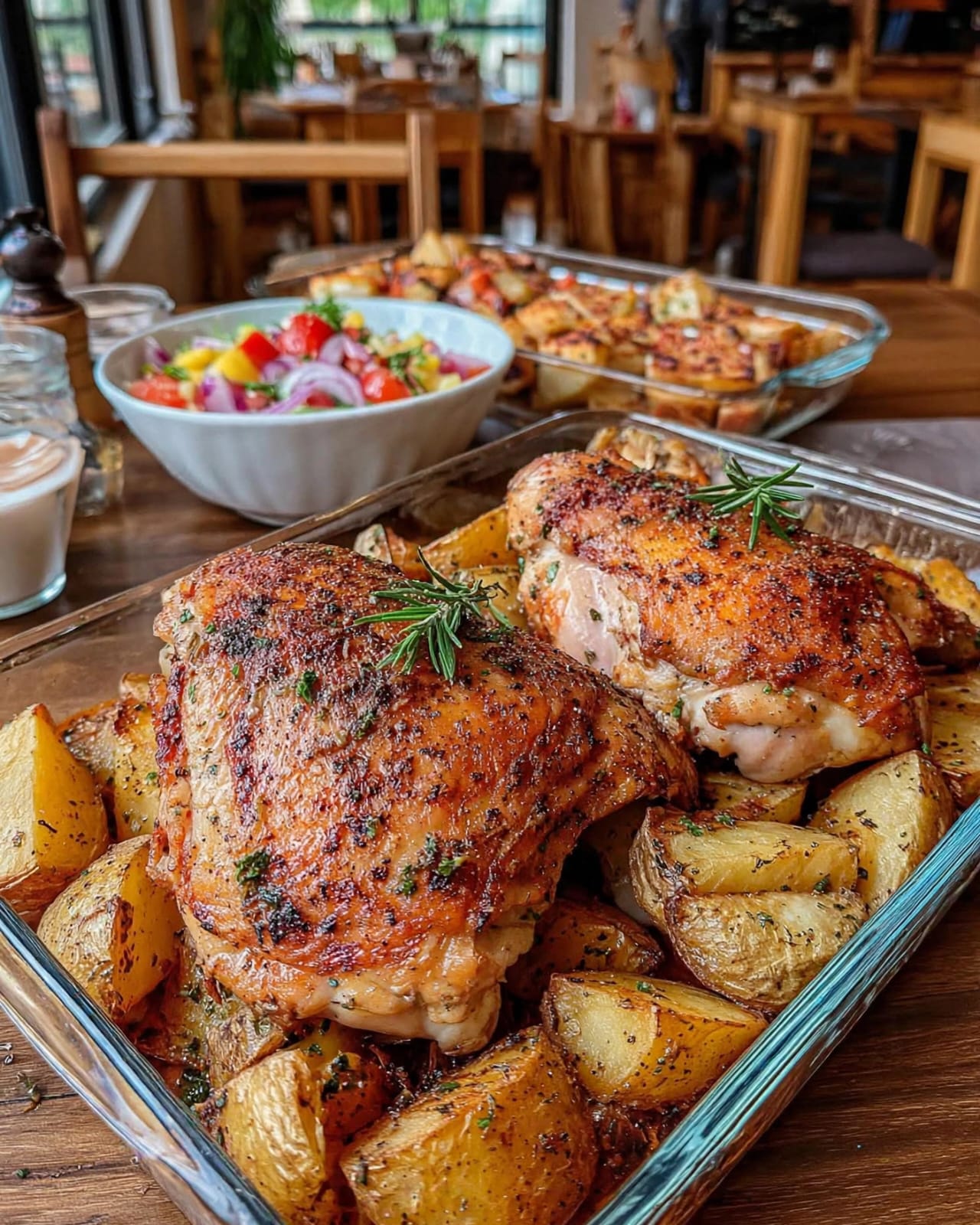 Rosemary Chicken with juicy oven-baked chicken, golden garlic potatoes, fresh rosemary, lemon, and savory herbs