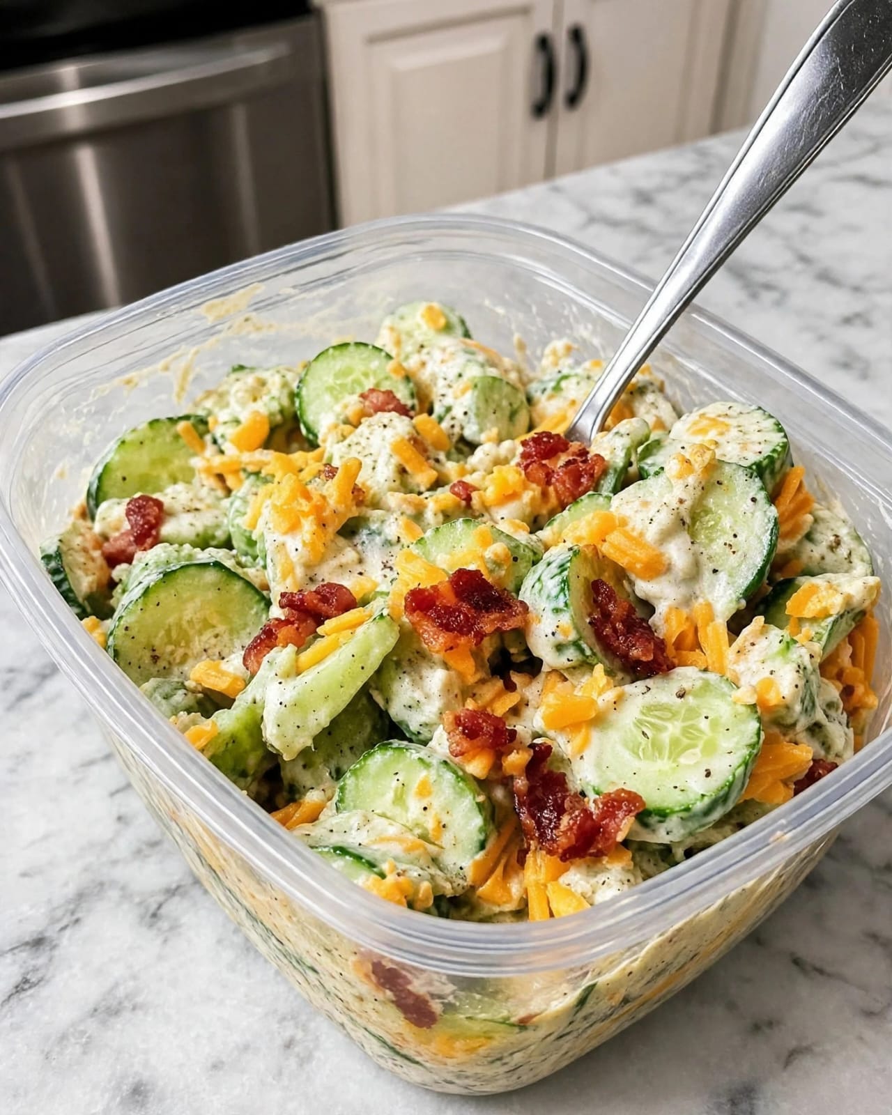 Cucumber Snack Bowl with cucumber, cottage cheese, eggs, chickpeas, tomatoes, herbs, and creamy lemon dressing