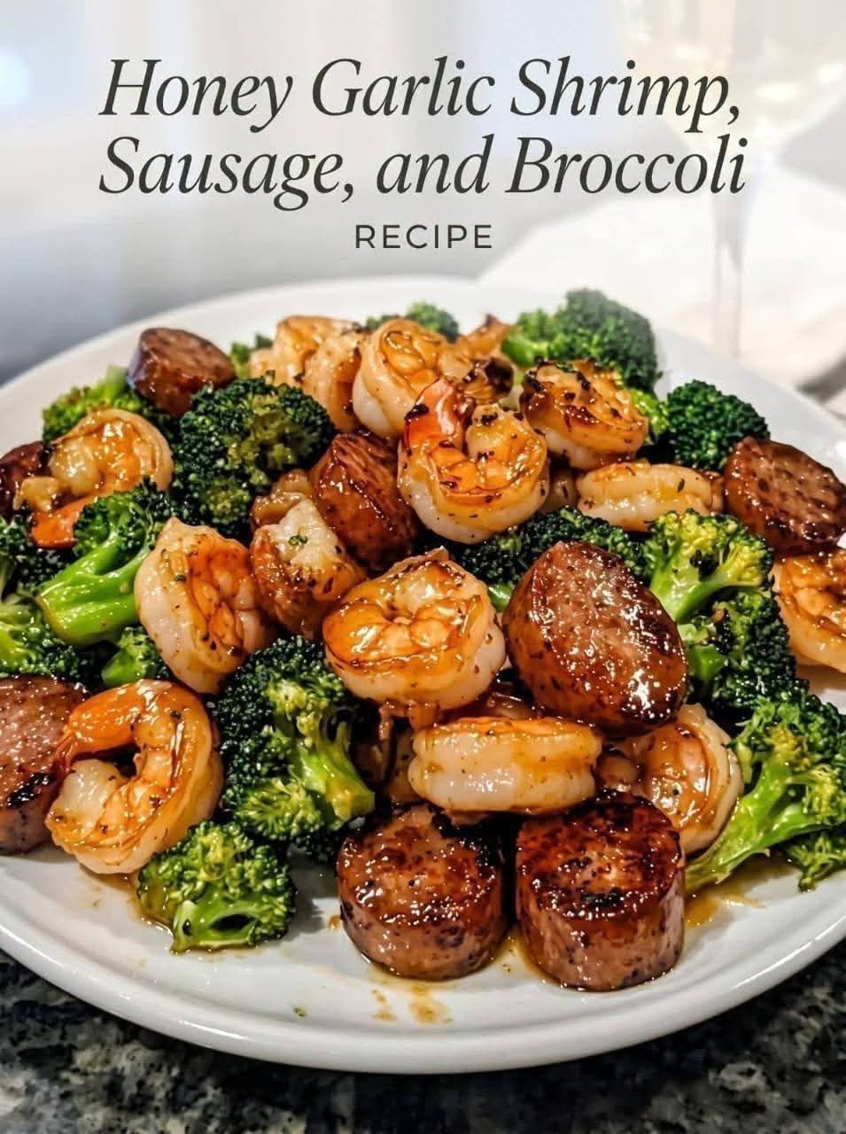 Honey Garlic Shrimp with smoky sausage, broccoli, garlic, honey glaze, sesame seeds, and fresh herbs