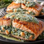 Shrimp Stuffed Salmon with creamy spinach, shrimp, feta, Parmesan, garlic, herbs, and lemon
