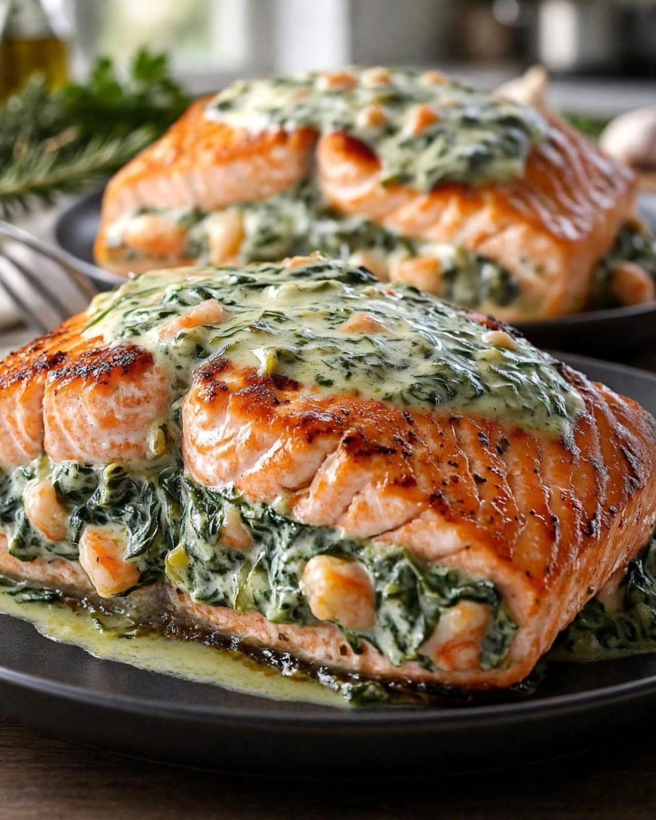 Shrimp Stuffed Salmon with creamy spinach, shrimp, feta, Parmesan, garlic, herbs, and lemon