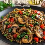 Mushroom Lentil Stir Fry with mushrooms, lentils, zucchini, bell peppers, spinach, tomatoes, herbs, and lemon