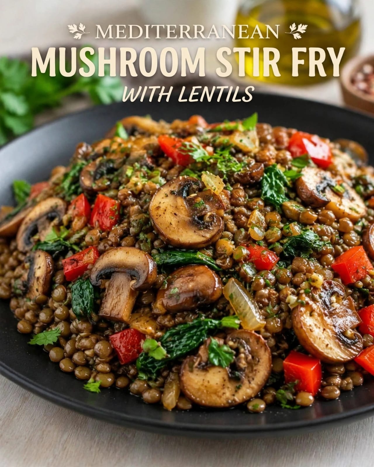 Mushroom Lentil Stir Fry with mushrooms, lentils, zucchini, bell peppers, spinach, tomatoes, herbs, and lemon