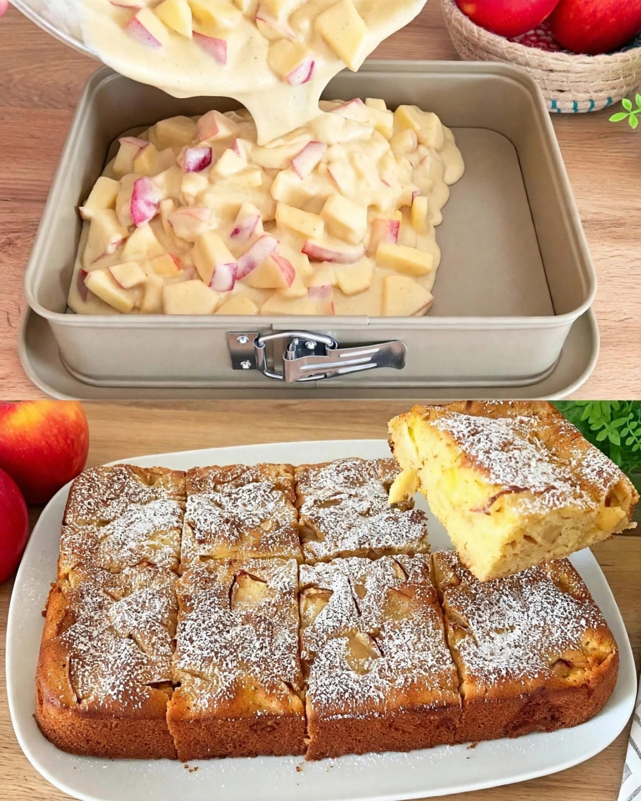 Apple Pie Cake with tender cinnamon apples, brown sugar, buttery cake, and a soft moist crumb