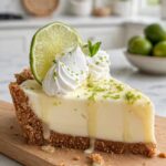 Key Lime Pie with creamy lime filling, buttery graham cracker crust, whipped cream, fresh lime slices, and lime zest