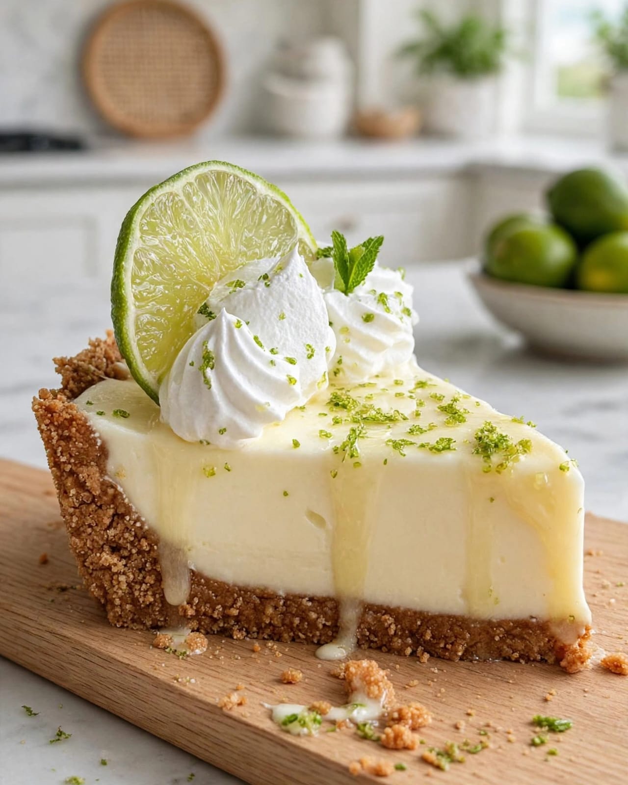 Key Lime Pie with creamy lime filling, buttery graham cracker crust, whipped cream, fresh lime slices, and lime zest