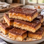 No Bake Twix Bars with a buttery biscuit base, gooey caramel center, smooth chocolate topping, and flaky sea salt