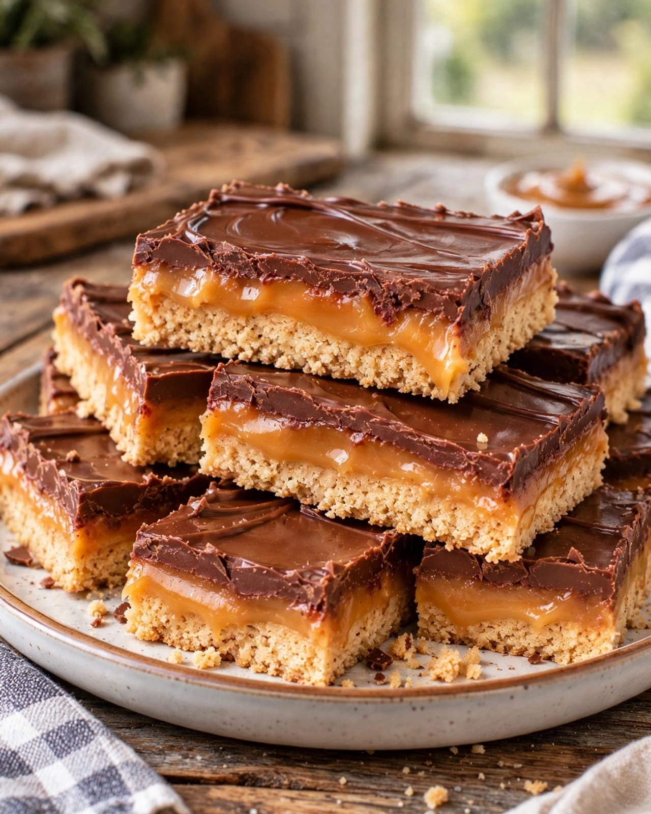 No Bake Twix Bars with a buttery biscuit base, gooey caramel center, smooth chocolate topping, and flaky sea salt