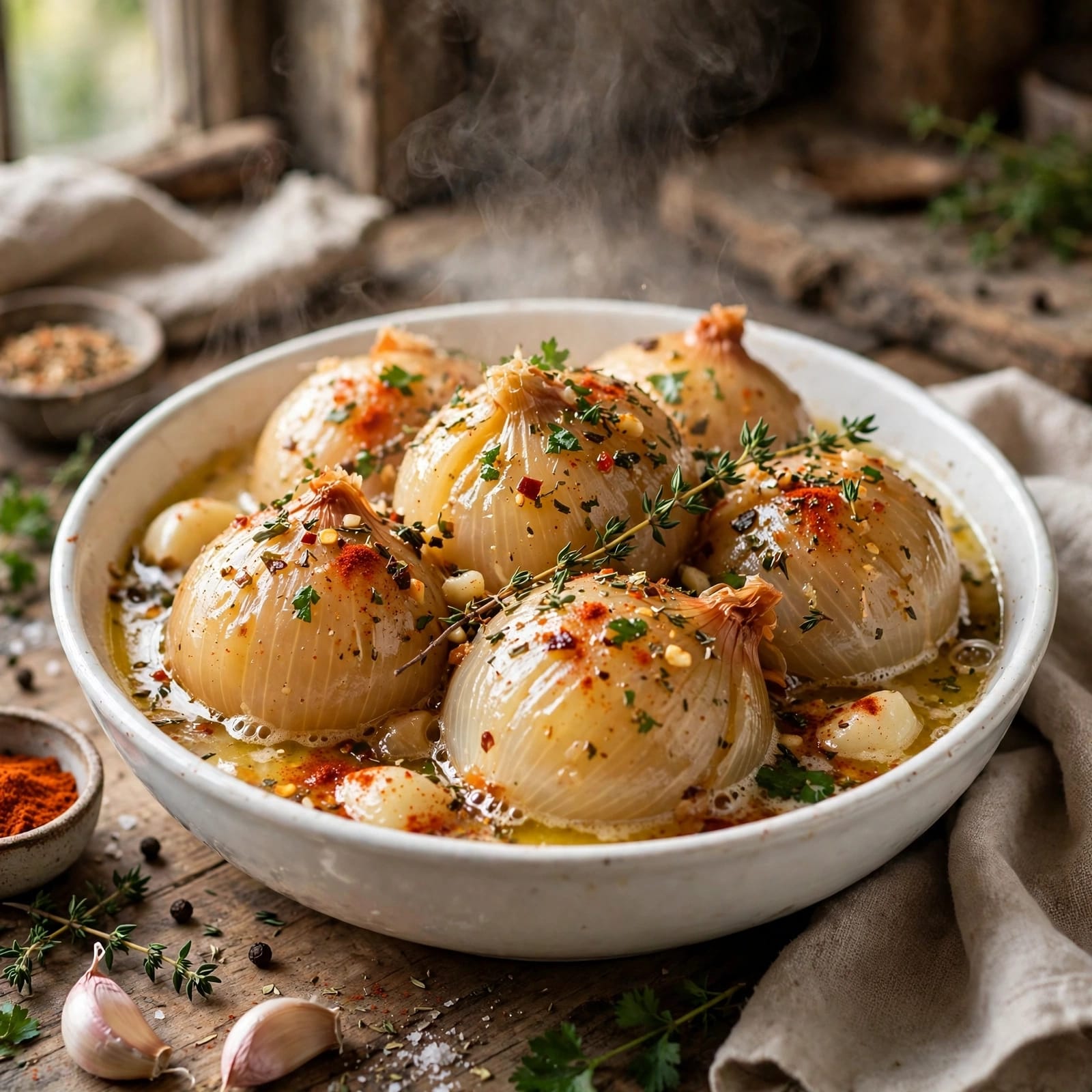 Onion Boil with whole baked onions, garlic butter, herbs, smoked paprika, and a tender savory center