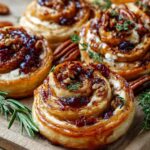 Cranberry Brie Pinwheels with puff pastry, creamy brie, cranberry sauce, pecans, and fresh rosemary