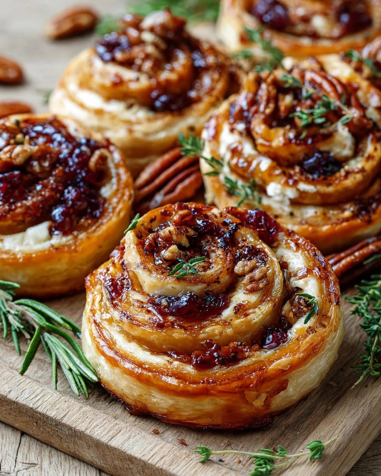Cranberry Brie Pinwheels with puff pastry, creamy brie, cranberry sauce, pecans, and fresh rosemary