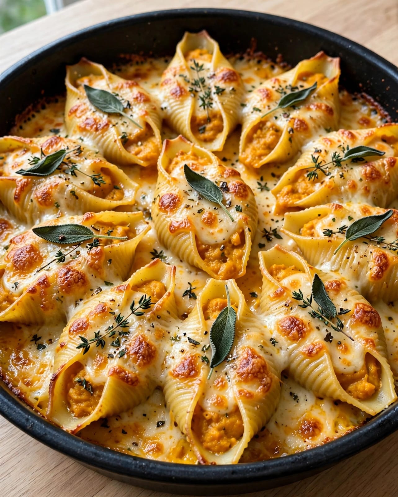 Pumpkin Stuffed Shells with ricotta, Gouda, Parmesan, brown butter, and crispy sage