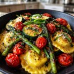 Vegetable Ravioli with tomatoes, asparagus, zucchini, garlic, Parmesan, and fresh herbs