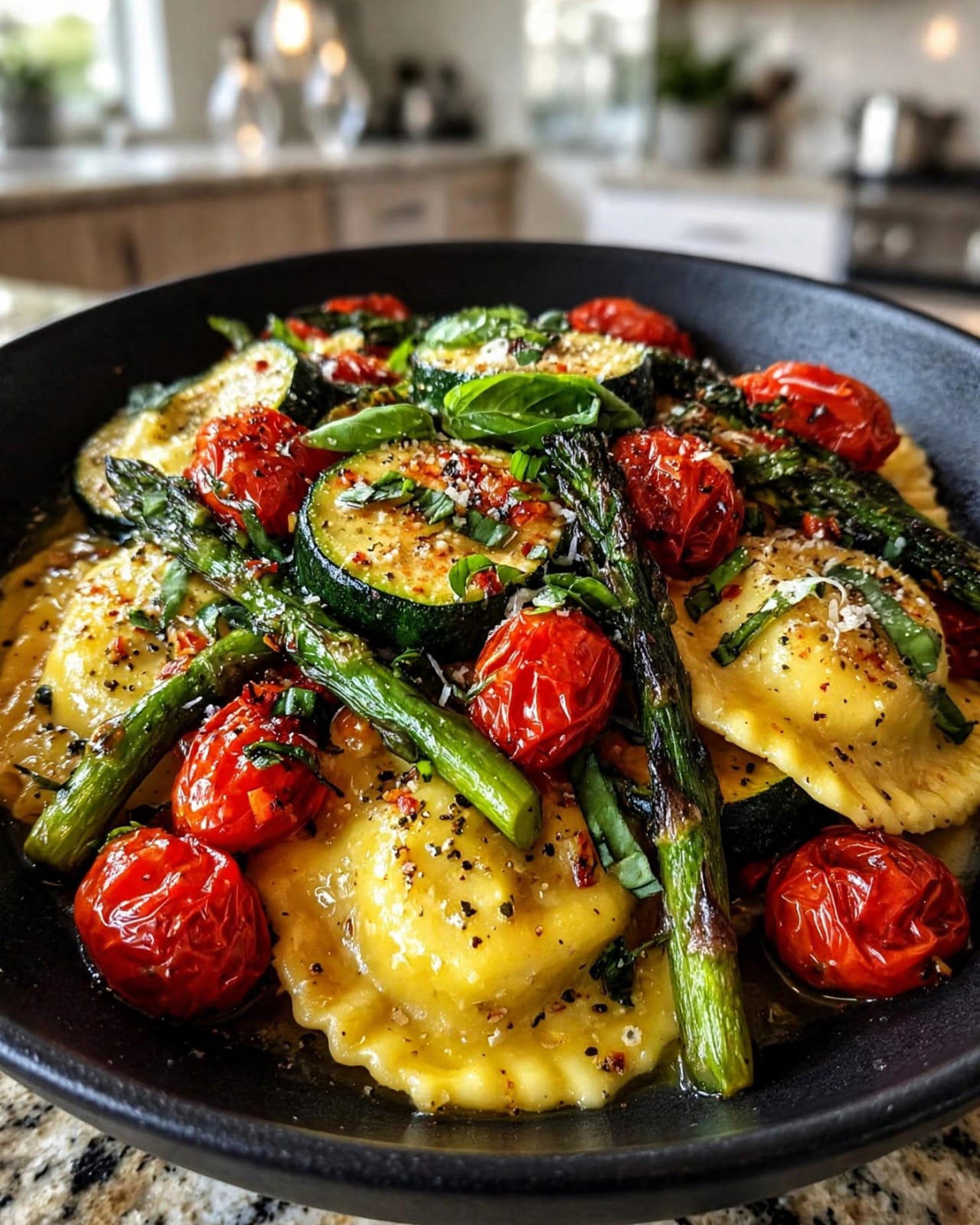 Vegetable Ravioli with tomatoes, asparagus, zucchini, garlic, Parmesan, and fresh herbs