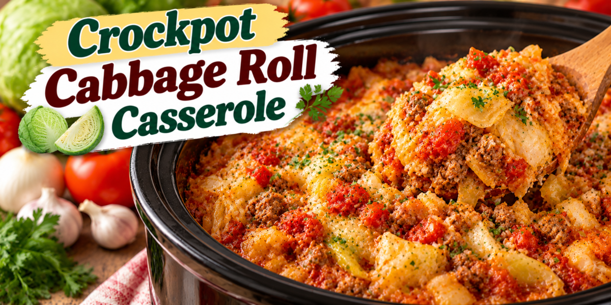 Cabbage Roll Casserole with ground beef, cabbage, rice, tomatoes, garlic, herbs, and rich tomato sauce