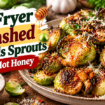 Smashed Brussels Sprouts with crispy edges, Parmesan, garlic, herbs, and hot honey drizzle