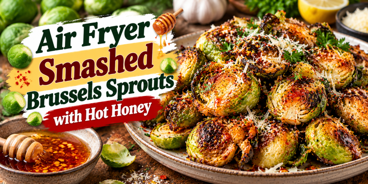 Smashed Brussels Sprouts with crispy edges, Parmesan, garlic, herbs, and hot honey drizzle
